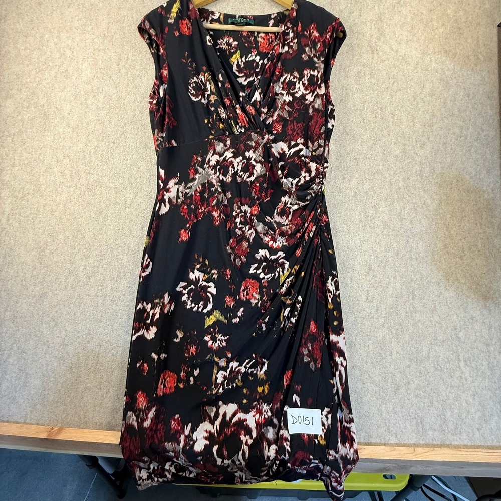 Lauren Ralph Lauren Floral Sheath Dress Black Red V-Neck Ruched Size 10